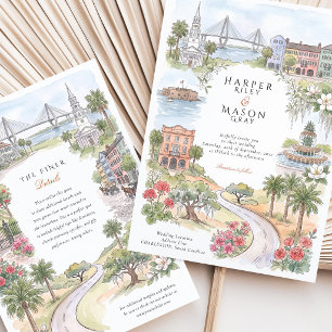 Charleston Rainbow Row Pineapple Fountain Wedding Invitation