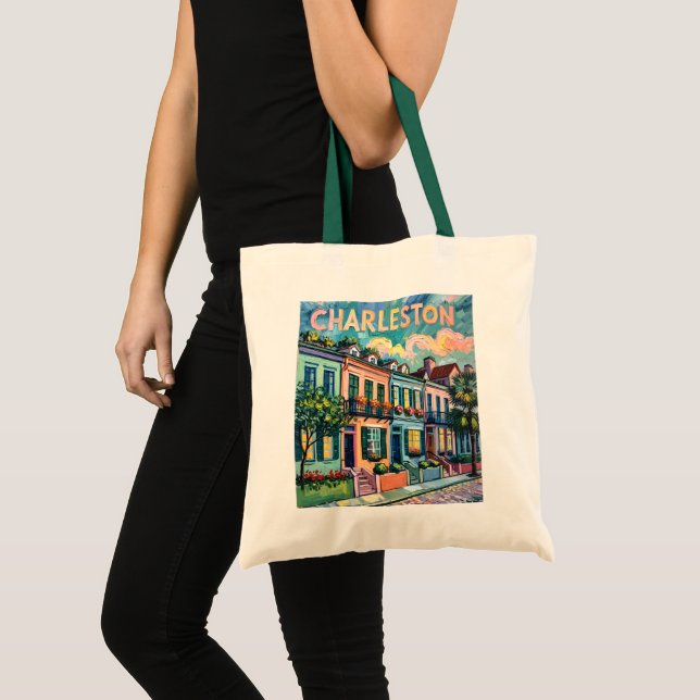 Charleston Rainbow Row SC Colourful Van Gogh Retro Tote Bag (Front (Product))