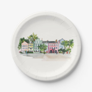 Charleston Rainbow Row Watercolor Paper Plate