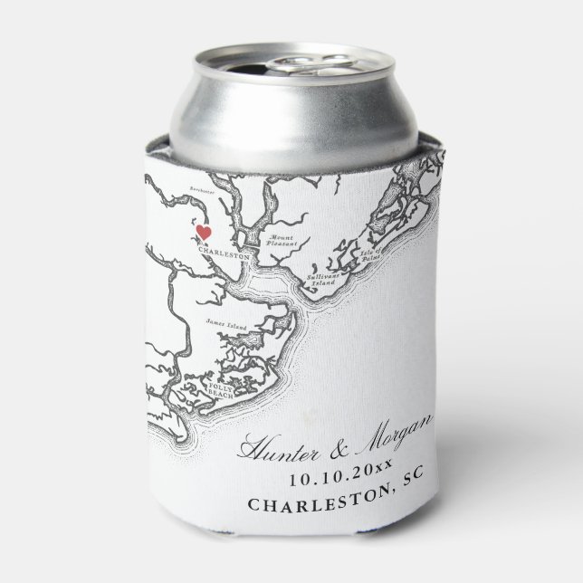 Charleston SC Map Black and White Wedding Favour Can Cooler (Can Front)