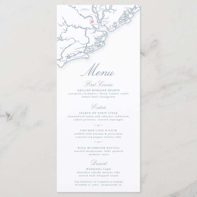 Charleston SC Map Elegant Dusty Blue Wedding Menu (Front)
