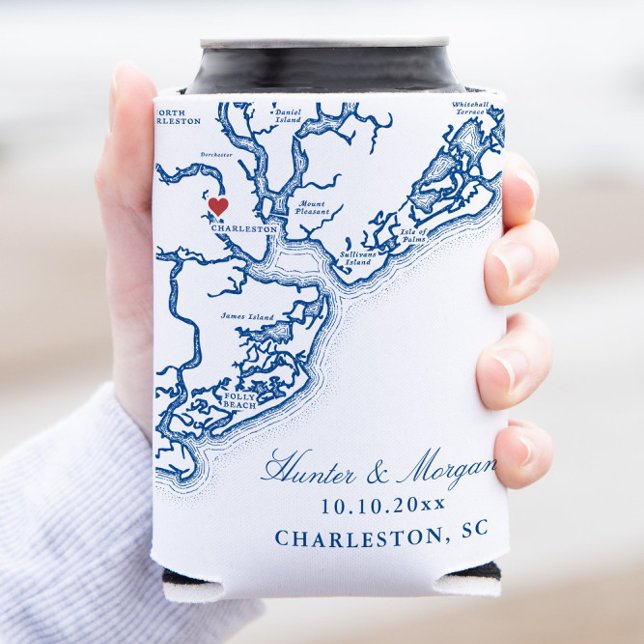 Charleston SC Map Elegant Navy Blue Wedding Favour Can Cooler (Charleston SC Map Wedding Favor Can Coozies in Elegant Navy Blue from Coastal Map Designs)