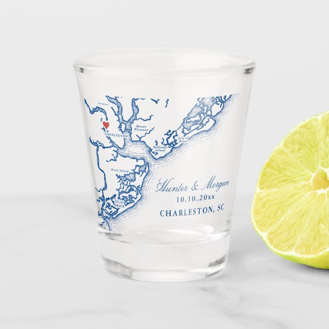 Charleston SC Map Elegant Navy Blue Wedding Favour Shot Glass (Front)