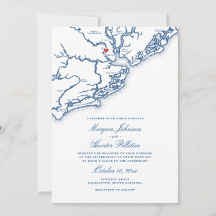 Charleston SC Map Elegant Navy Blue Wedding Invitation