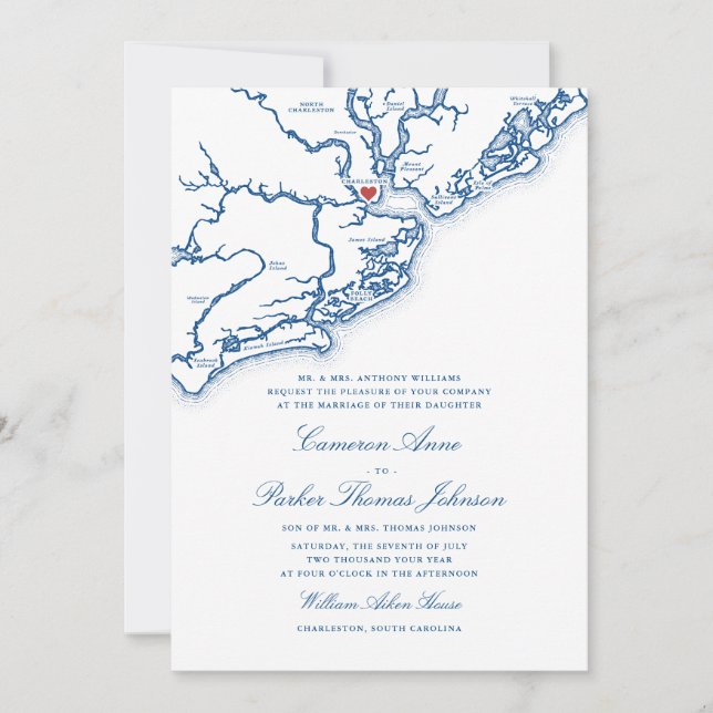Charleston SC Map Elegant Navy Blue Wedding Invitation (Front)