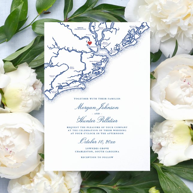 Charleston SC Map Elegant Navy Blue Wedding Invitation (Charleston South Carolina Map Wedding Invitation in elegant navy blue from Coastal Map Designs)
