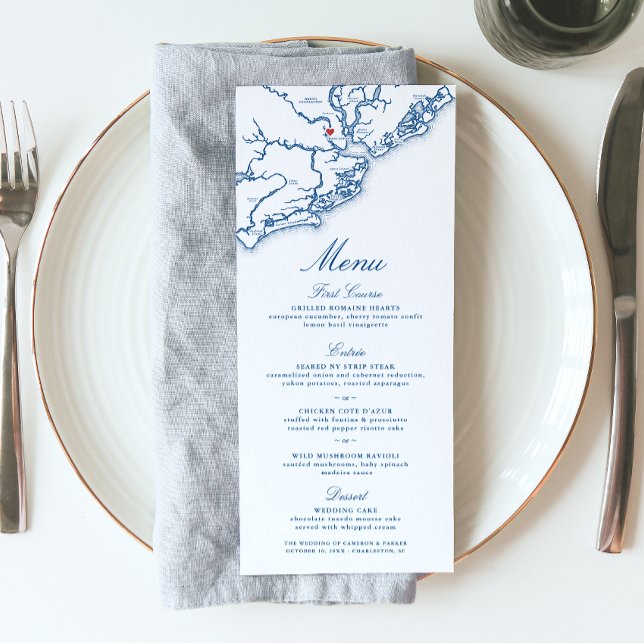Charleston SC Map Elegant Navy Blue Wedding Menu (Charleston South Carolina Wedding Menu in elegant navy blue from Coastal Map Designs)