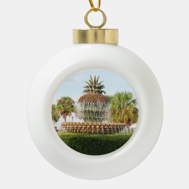 Charleston SC Pineapple Fountain, Waterfront Park Ceramic Ball Christmas Ornament (Front)