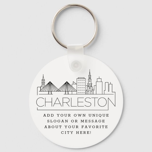 Charleston, SC Stylized Skyline | Custom Slogan Key Ring (Front)