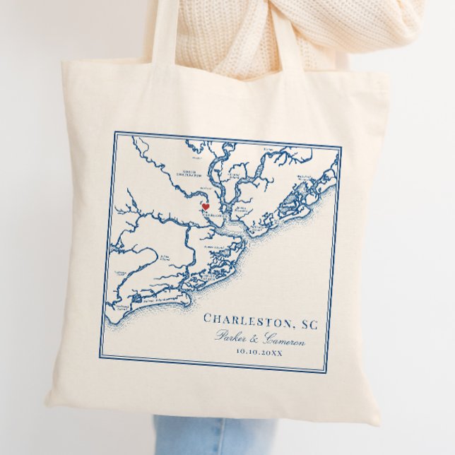 Charleston South Carolina Navy Blue Wedding Tote Bag (Charleston South Carolina Map Tote Bag Wedding Favor -- an elegant navy blue wedding welcome bag )