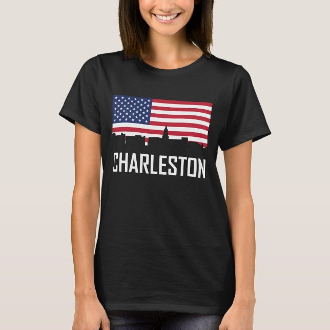 Charleston South Carolina Skyline American Flag T-Shirt (Front)