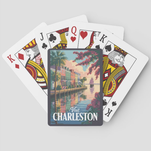 Charleston South Carolina Waterfront Illustration Playing Cards (Back)