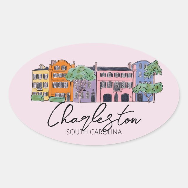Charleston, South Carolina Wedding pink and bow   Oval Sticker (Front)