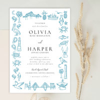 Charleston Toile Border in Blue Wedding Invitation