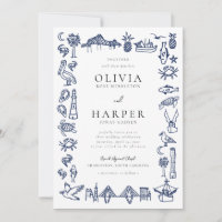 Charleston Toile Navy Blue Wedding Invitation