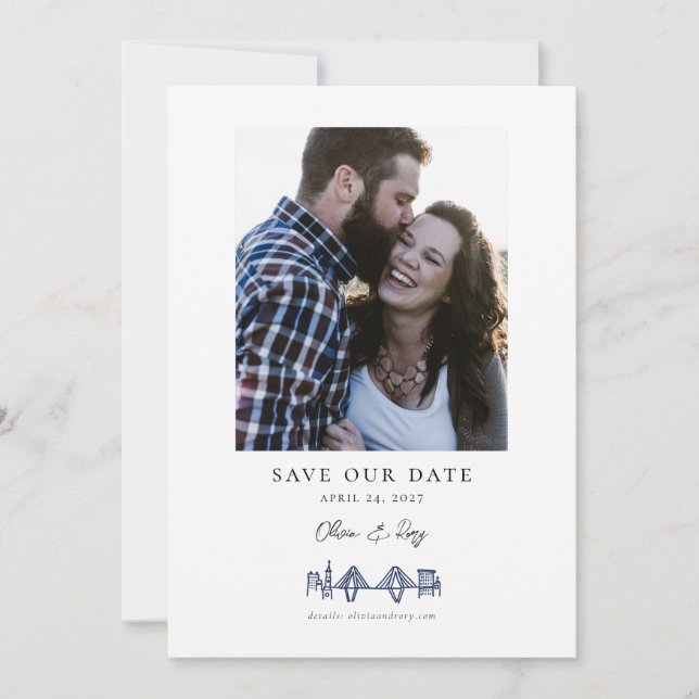 Charleston Toile Skyline Navy Blue Save the Date (Front)