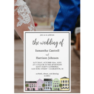 Charleston Watercolor Rainbow Row Wedding Invitation