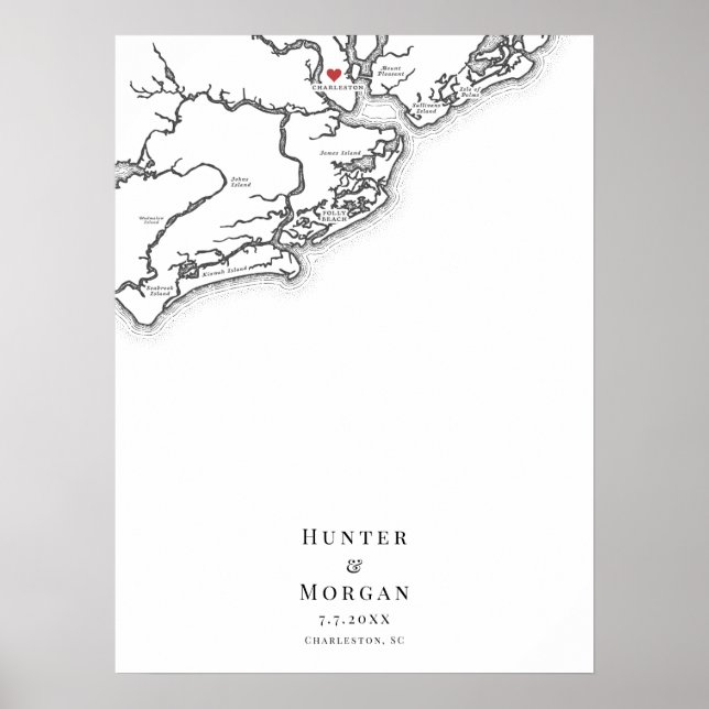 Charleston Wedding Elegant Map Guest Book Poster (Front)