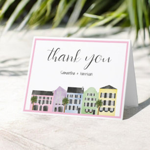 Charleston Wedding Rainbow Row Pink Border Thank You Card
