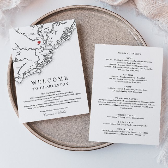 Charleston Wedding Welcome Itinerary Black White Thank You Card (Charleston SC Wedding Weekend Itinerary Schedule of events in Elegant black and white )