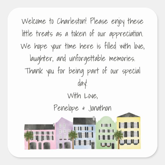 Charleston Wedding Welcome Message Hotel  Square Sticker (Front)