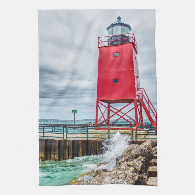Charlevoix South Pierhead Lighthouse Tea Towel (Vertical)