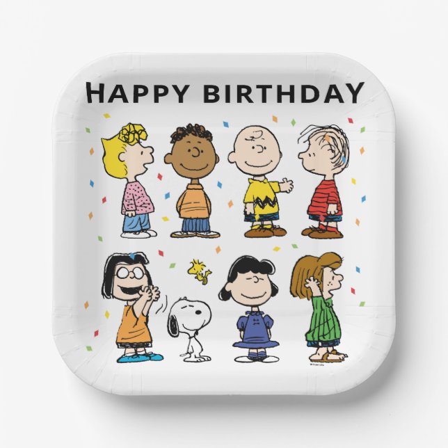 Charlie Brown and Gang Confetti Birthday Paper Plate (Front)