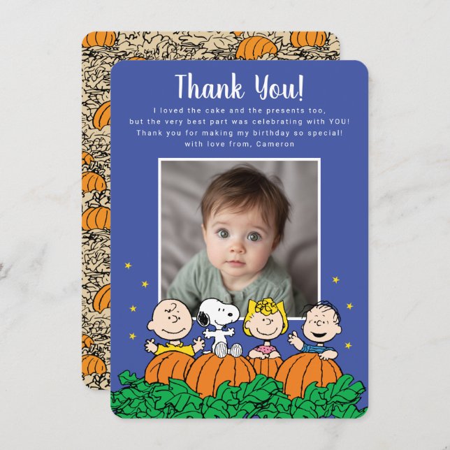 Charlie Brown and Gang Pumpkin First Birthday Thank You Card (Front/Back)