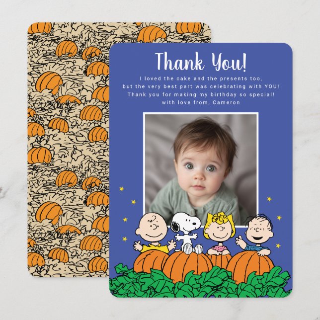 Charlie Brown and Gang Pumpkin First Birthday Thank You Card (Front/Back)