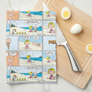 Charlie Brown & Sally Ice Cream At The Beach Tea Towel