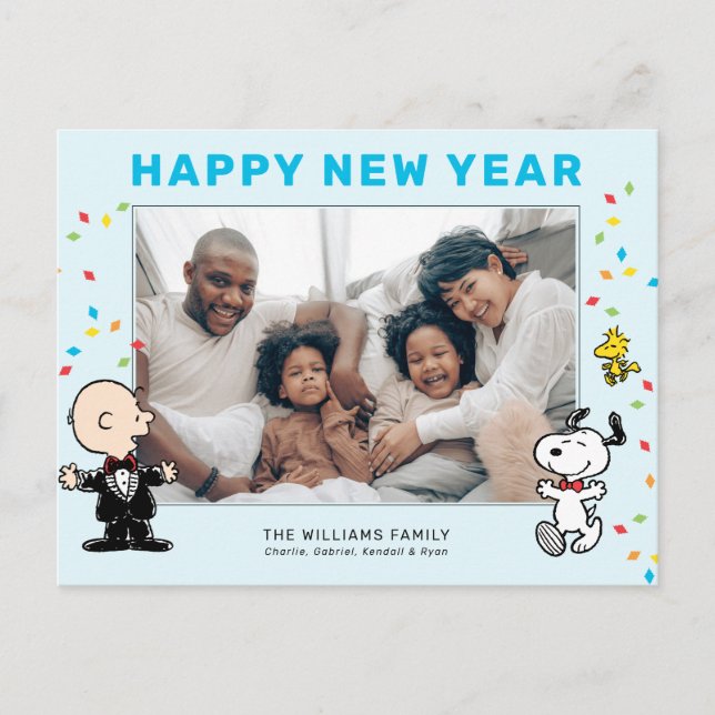 Charlie Brown, Snoopy & Woodstock Happy New Year Holiday Postcard (Front)