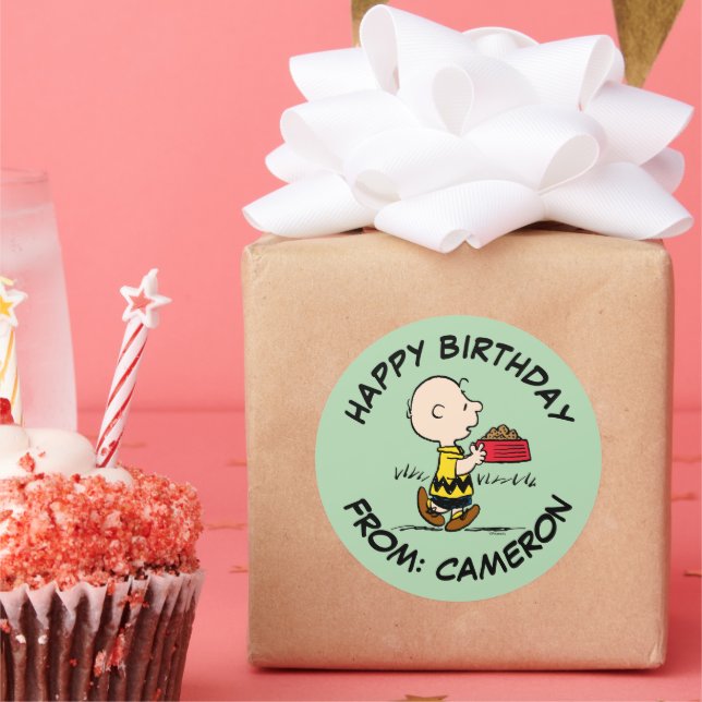 Charlie Brown with Snoopy's Dish | Happy Birthday Classic Round Sticker (Party)