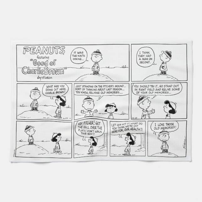 Charlie Brown's Memories At The Pitcher's Mound Tea Towel (Horizontal)
