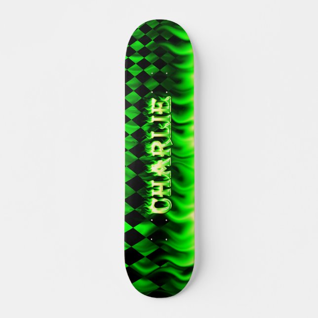 Charlie skateboard green fire and flames design. (Front)