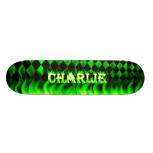 Charlie skateboard green fire and flames design.