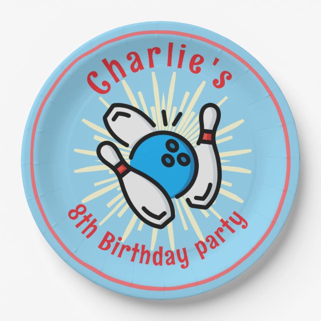 Charlie's 8th Birthday Bowling Party Paper Plate  (Front)