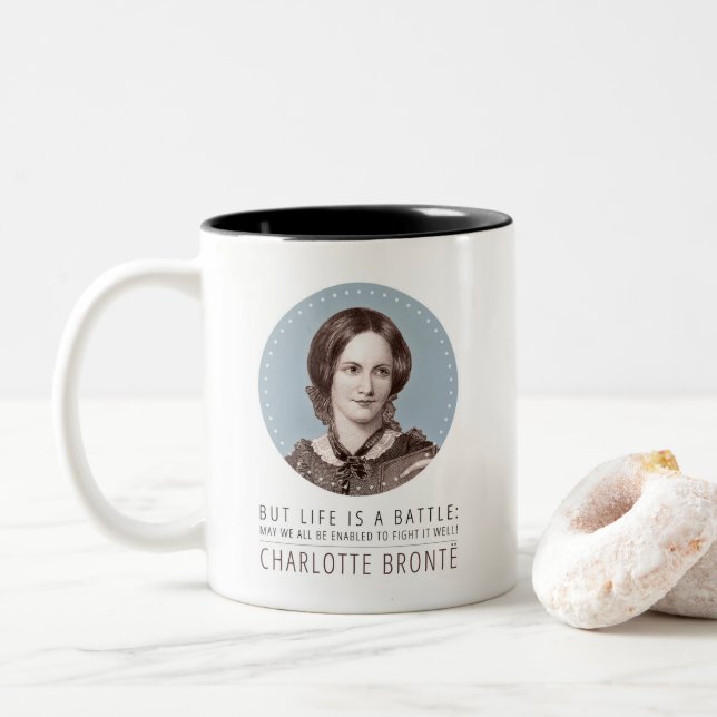 Charlotte Bronte Portrait and Quote Two-Tone Coffee Mug (With Donut)