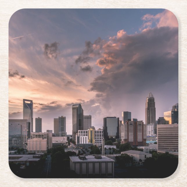 Charlotte downtown at sunset time, North Carolina Square Paper Coaster (Front)