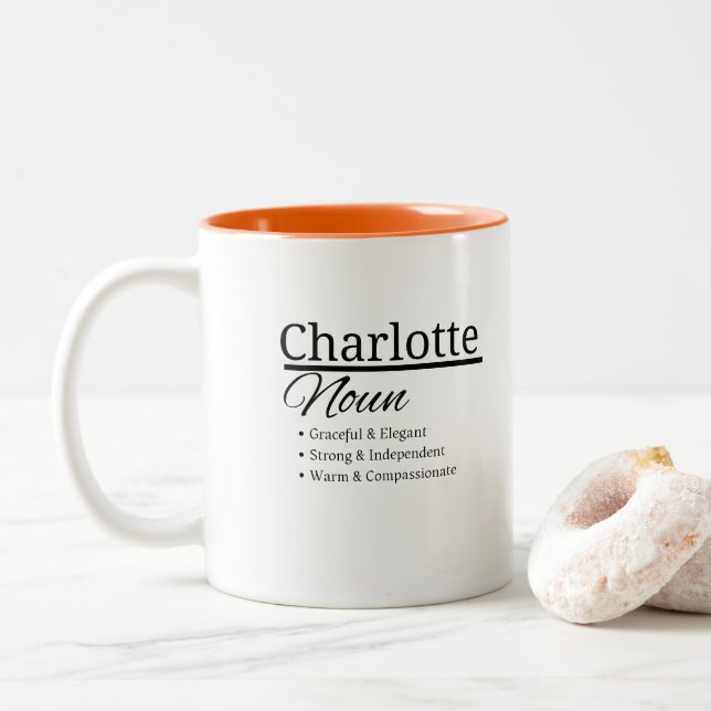 Charlotte, Girl Personalised Name Definition Two-Tone Coffee Mug (With Donut)