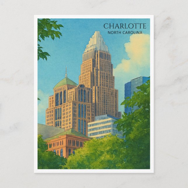 Charlotte NC Skyline Watercolor Travel Postcard (Front)