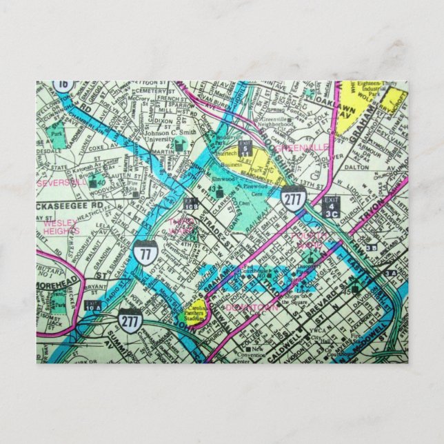 Charlotte, NC Vintage Map Postcard (Front)