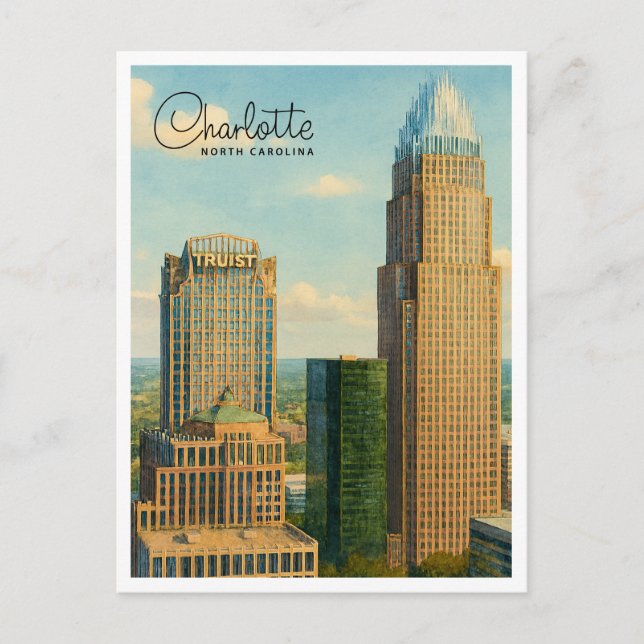Charlotte NC Watercolor Skyline Travel Postcard (Front)