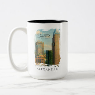 Charlotte NC Watercolor Skyline Travel  Two-Tone Coffee Mug