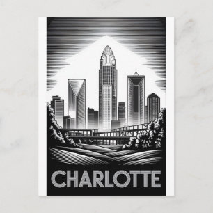 Charlotte North Carolina Black White Woodcut Postcard