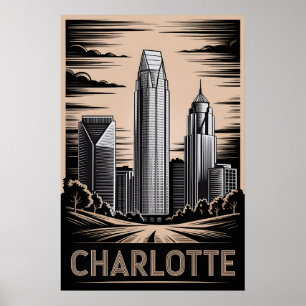 Charlotte North Carolina Black White Woodcut Poster