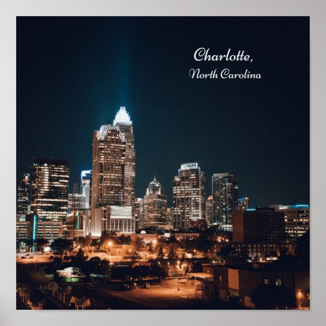 Charlotte North Carolina City Skyline Night Poster (Front)