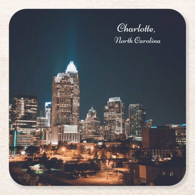 Charlotte North Carolina City Skyline Night Square Paper Coaster (Front)