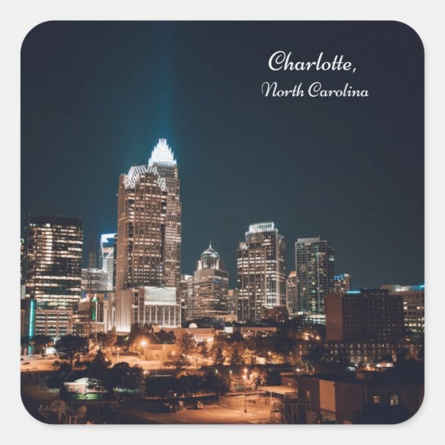 Charlotte North Carolina City Skyline Night Square Sticker (Front)