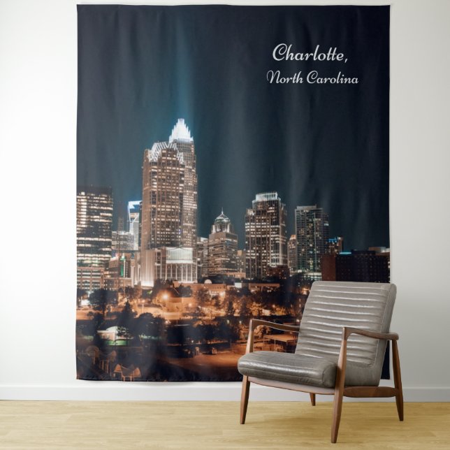 Charlotte North Carolina City Skyline Night Tapestry (In Situ)
