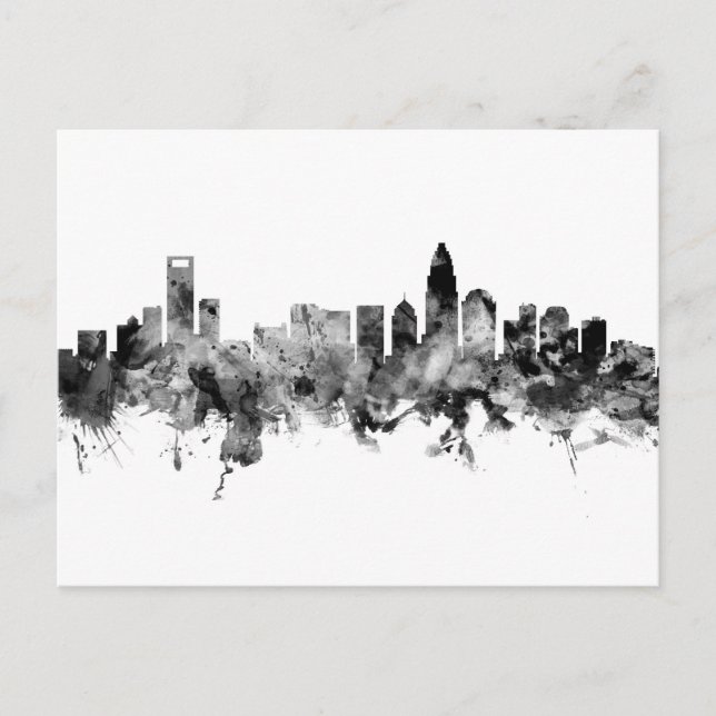 Charlotte North Carolina Skyline Black White Postcard (Front)